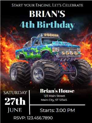 Monster Truck Cool Blue Kids Birthday Invitation