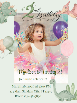 Dinosaur Kids 2nd Birthday Invitation