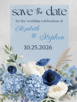 Elegant Floral Blue and White Floral Blooms Save the Date