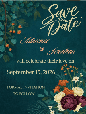 Elegant Deep Teal Burnt Orange Floral Rustic Save the Date Invitation 2