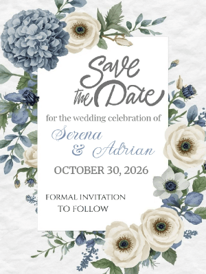 Elegant Blue and Green Floral Blossom Save the Date Invitation