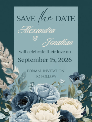 Elegant Modern Boho Blue and White Floral Save the Date Invitation 2