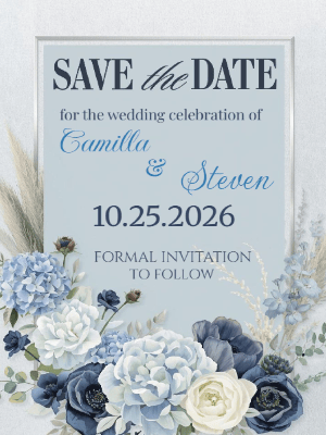 Elegant Boho Blue and White Floral Blooms Save the Date 2