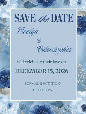 Elegant Modern Blue Floral Blossom Romance Save the Date Invitation