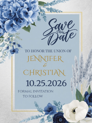Elegant Minimalist Boho Blue and White Floral Save the Date 2