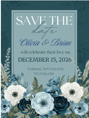 Elegant Modern Blue Floral Blossom Romance Save the Date Invitation 2