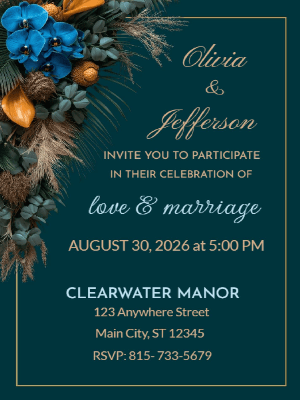 Elegant Boho Burnt Orange Blue Florals in Deep Teal Wedding Invitation 3 customizable template