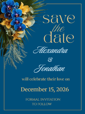 Elegant Modern Boho Deep Blue and Orange Floral in Royal Blue Save the Date Invitation 9