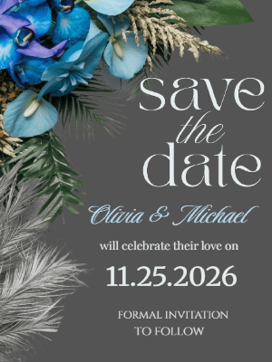 Elegant Boho Blue Floral in Gray Save the Date Invitation 12