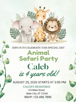 Animal Safari Theme Kids Birthday Invitation 2