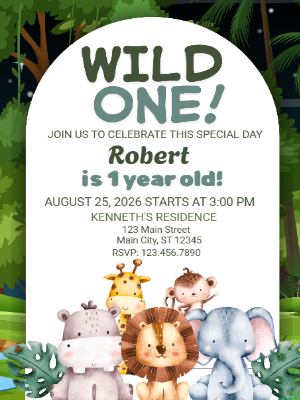 Animal Safari Theme Kids Wild One Birthday Invitation