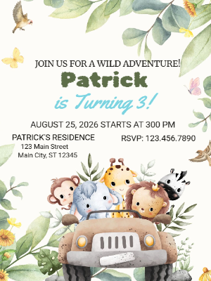Animal Safari Theme Kids Birthday Invitation