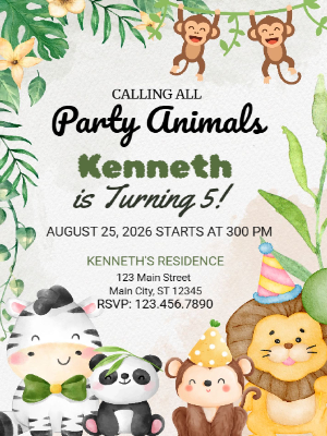 Animal Safari Theme Kids Birthday Invitation 4