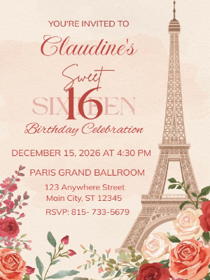 Elegant Orange Floral in Black Paris Eiffel Tower Sweet 16 Birthday Invitation 8