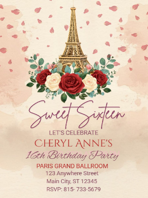 Elegant Red and White Floral Paris Eiffel Tower Sweet 16th Birthday Party Invitation 9