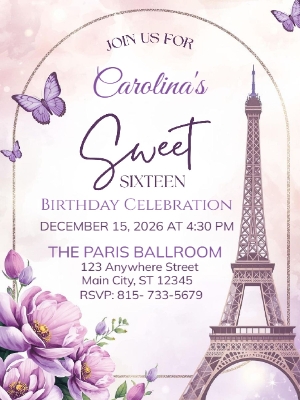 Elegant Purple Butterfly Floral Gold Arch Paris Eiffel Tower Sweet 16 Birthday Invitation 2