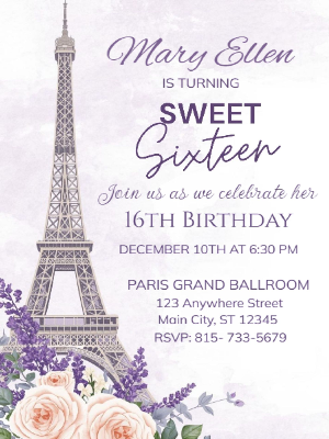 Elegant Purple, Neutral  Floral Paris Eiffel Tower Sweet 16 Birthday Invitation 3