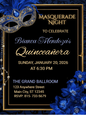 Elegant Blue Floral Masquerade in Gold Quinceañera Birthday Invitation