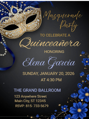Elegant Blue Floral Masquerade in Gold Quinceañera Birthday Invitation 2