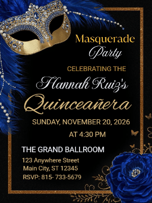 Elegant Blue Floral Masquerade in Gold Quinceañera Birthday Invitation 3