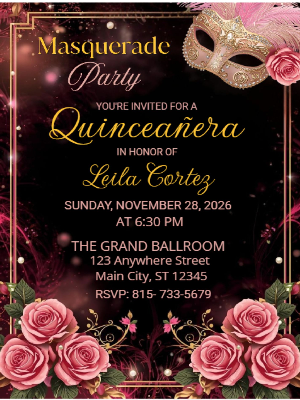 Luxury Elegant  Pink Floral in Gold Masquerade Quinceañera Birthday Invitation