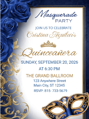 Elegant Blue Floral Masquerade in Gold Quinceañera Birthday Invitation 5