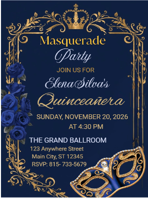 Elegant Blue Floral Masquerade in Gold Quinceañera Birthday Invitation 6