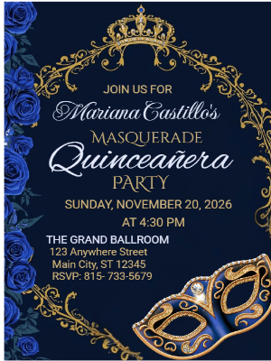 Elegant Blue Floral Masquerade in Gold Quinceañera Birthday Invitation 9