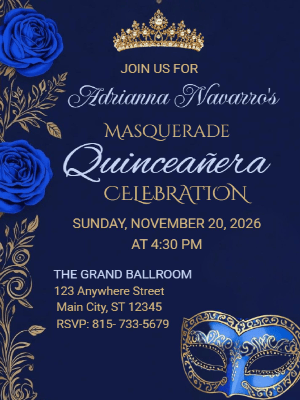 Elegant Blue Floral Masquerade in Gold Quinceañera Birthday Invitation 10