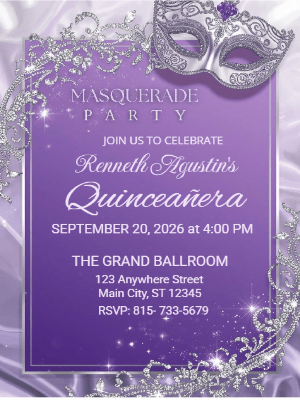 Modern Luxury Crystal Glam Purple Silver Masquerade Quinceañera Birthday Invitation
