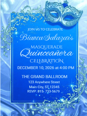 Modern Luxury Crystal Glam Blue Silver Masquerade Quinceañera Birthday Invitation