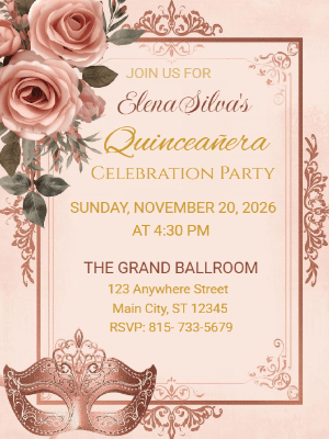 Modern Elegant Pink Floral Masquerade Quinceañera Birthday Invitation
