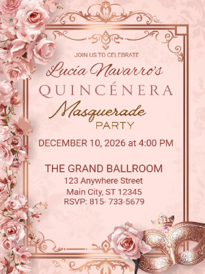 Modern Elegant Pink Floral and Gold Masquerade Quinceañera Birthday Invitation 2