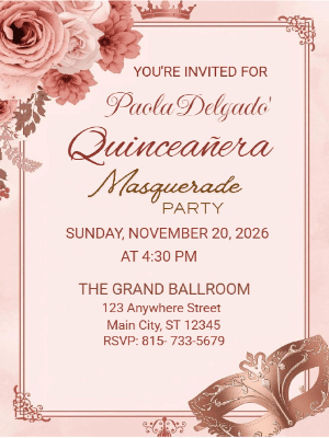 Modern Elegant Pink Floral Masquerade Quinceañera Birthday Invitation 3