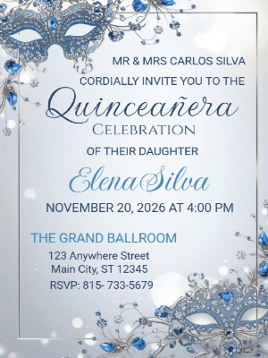 Modern Luxury Blue Crystal and Silver Glam Masquerade Quinceañera Birthday Invitation
