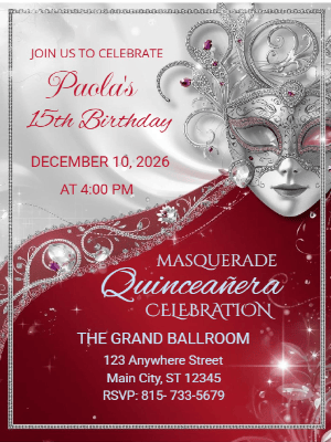 Modern Luxury Crystal Glam Red Silver Masquerade Quinceañera Birthday Invitation