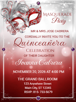Modern Luxury Red and Silver Crystal Glam Masquerade Quinceañera Birthday Invitation 3