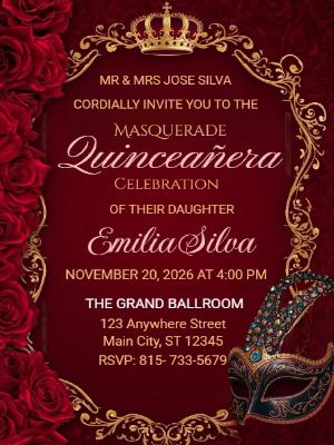 Elegant Modern Red Floral in Gold Masquerade Quinceañera Birthday Invitation 4