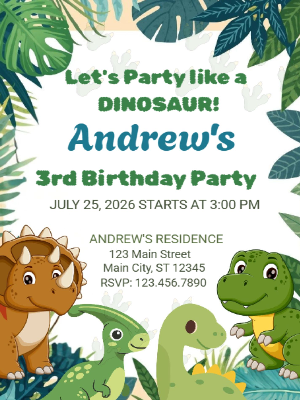 Dinosaur Kids Boys Birthday Invitation