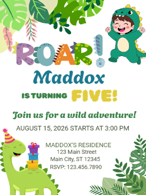 Dinosaur Kids Boys Birthday Invitation