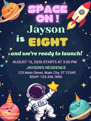 Astronaut Space Sky Planets Kids Boys Birthday Invitation
