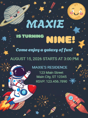 Astronaut Space Sky Planets Stars Kids Boys Birthday Invitation