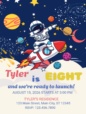 Astronaut Space Sky Planets Kids Boys Birthday Invitation