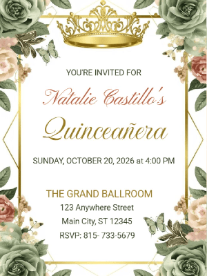 Luxurious Royal Elegant Quinceañera Invitation with Sage Green and Blush Pink Floral 3