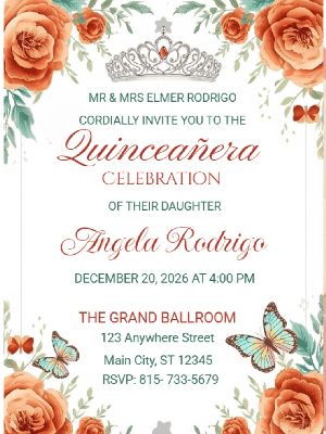 Elegant Modern Orange Floral in Silver Accent Quinceañera Birthday Party Invitation