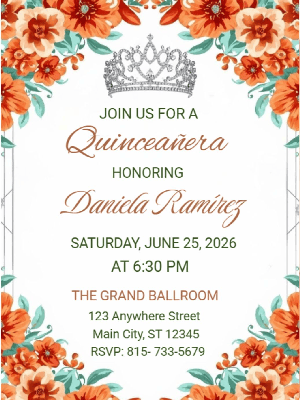 Luxurious Royal Elegant Orange Floral in Silver Quinceañera Invitation