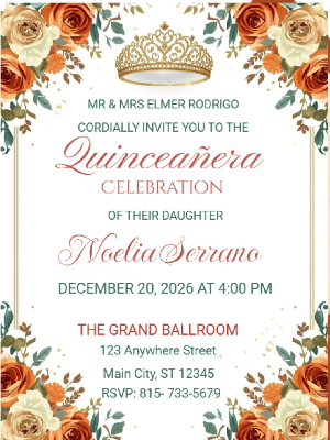 Elegant Modern Orange Floral in Gold Accent Quinceañera Birthday Party Invitation