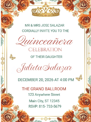 Elegant Modern Orange Floral in Gold Accent Quinceañera Birthday Party Invitation 5