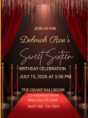 Elegant Hollywood Glamour Red Black Gold Sweet 16 Birthday Party Invitation 11