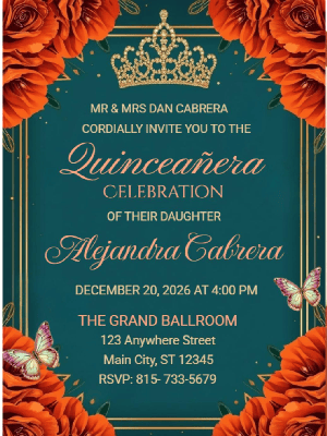 Elegant Modern Teal Blue Burnt Orange Floral in Silver Quinceañera Birthday Party Invitation